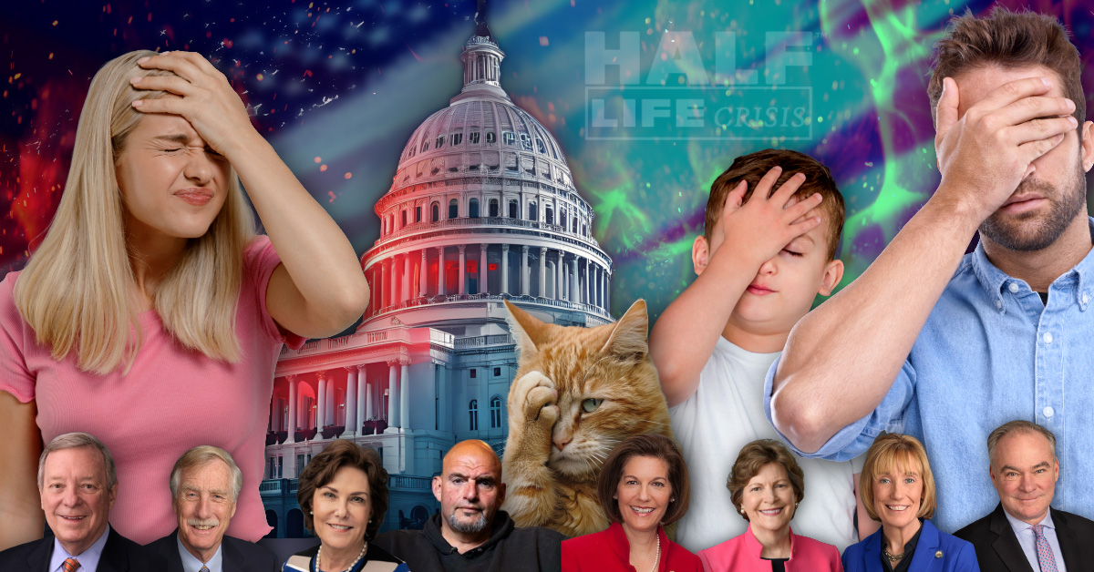 US Capitol with American flag and facepalm girl cat kid man and 8 senators 