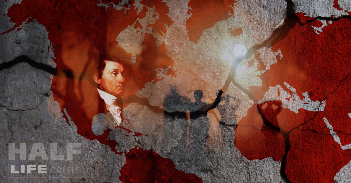 A high-contrast conceptual graphic featuring the portrait of James Monroe overlaid on a weathered world map etched into cracked, crumbling concrete. A deep fissure splits the continents, symbolizing the fracture of international sovereignty and the controversial 2026 reinterpretation of the Monroe Doctrine.